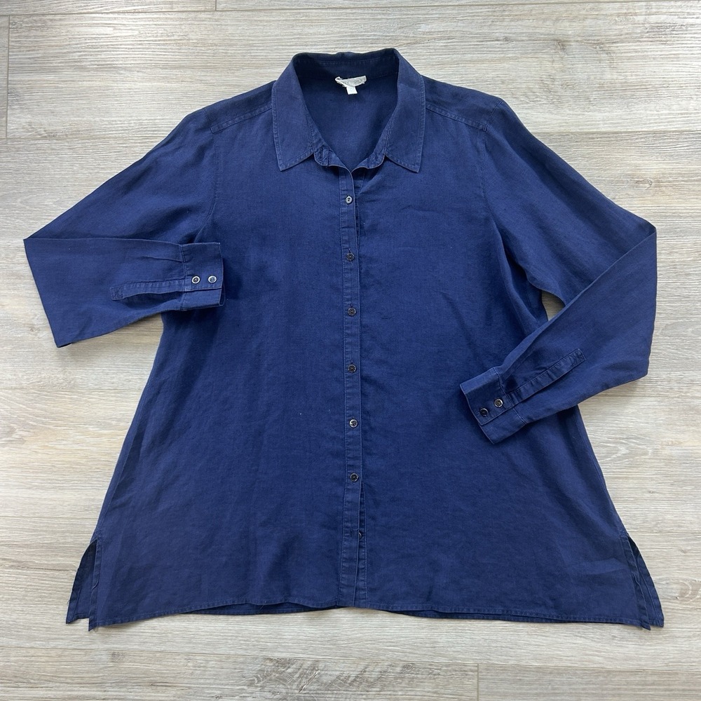 Eileen Fisher Organic Irish Linen Shirt Small Blue Tunic Relaxed Popover *‎